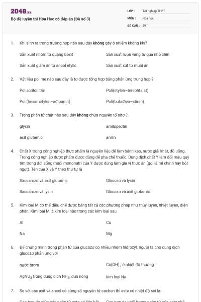 Bộ đề luyện thi Hóa Học có đáp án (Đề số 3)