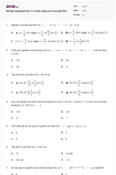 Bài tập Lượng giác lớp 11 cơ bản, nâng cao có lời giải (P6)