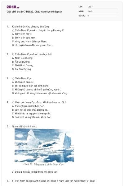 Giải VBT Địa Lý 7 Bài 22. Châu nam cực có đáp án