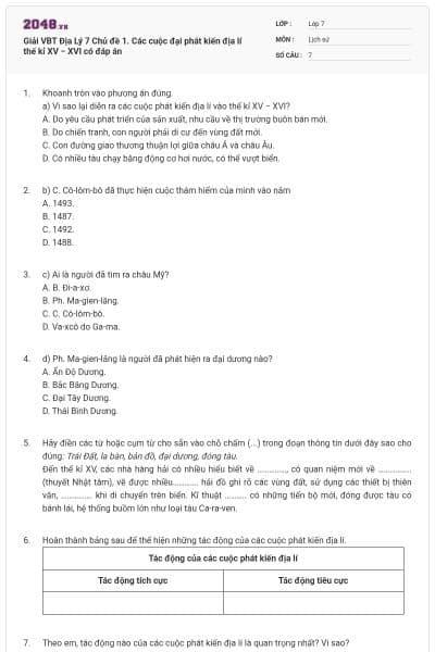 Giải VBT Địa Lý 7 Chủ đề 1. Các cuộc đại phát kiến địa lí thế kỉ XV − XVI có đáp án
