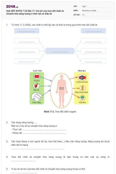 Giải VBT KHTN 7 CD Bài 17: Vai trò của trao đổi chất và chuyển hóa năng lượng ở sinh vật có đáp án