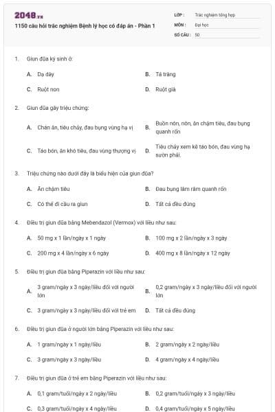 1150 câu hỏi trắc nghiệm Bệnh lý học có đáp án - Phần 1
