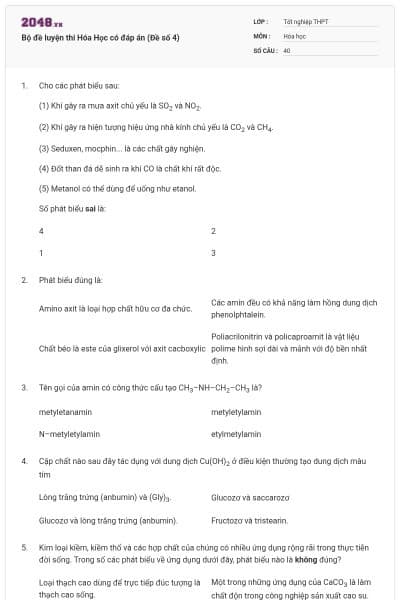 Bộ đề luyện thi Hóa Học có đáp án (Đề số 4)