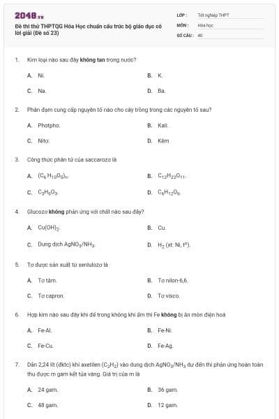 Đề thi thử THPTQG Hóa Học chuẩn cấu trúc bộ giáo dục có lời giải (Đề số 23)