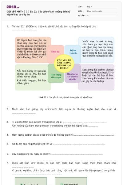 Giải VBT KHTN 7 CD Bài 22: Các yếu tố ảnh hưởng đến hô hấp tế bào có đáp án