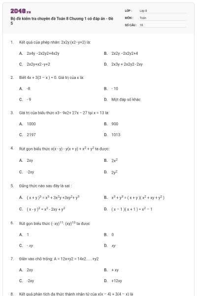 Bộ đề kiểm tra chuyên đề Toán 8 Chương 1 có đáp án - Đề 5