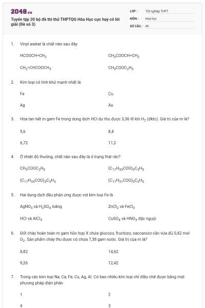 Tuyển tập 20 bộ đề thi thử THPTQG Hóa Học cực hay có lời giải (Đề số 3)