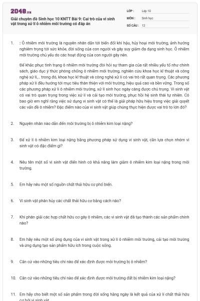 Giải chuyên đề Sinh học 10 KNTT Bài 9: Cai trò của vi sinh vật  trong xử lí ô nhiễm môi trường có đáp án