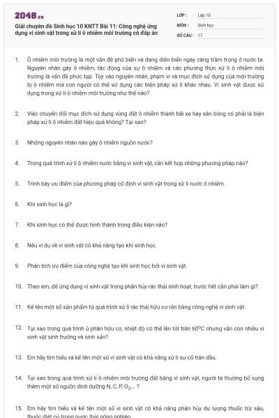 Giải chuyên đề Sinh học 10 KNTT Bài 11: Công nghệ ứng dụng vi sinh vật  trong xử lí ô nhiễm môi trường có đáp án