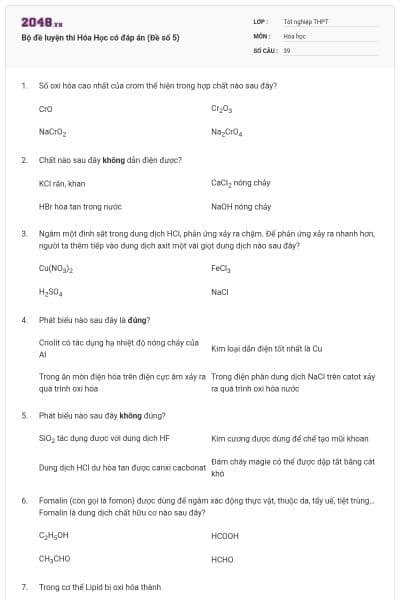 Bộ đề luyện thi Hóa Học có đáp án (Đề số 5)