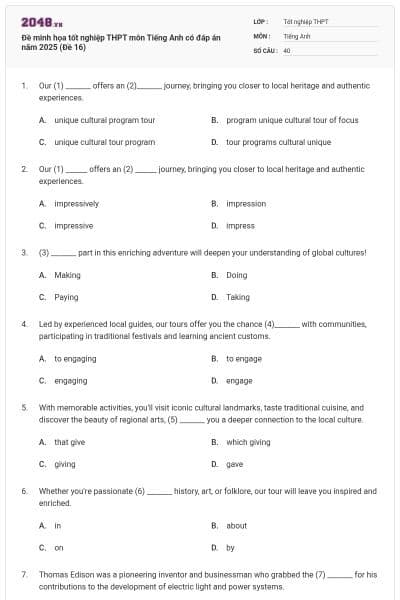 Đề minh họa tốt nghiệp THPT môn Tiếng Anh có đáp án năm 2025 (Đề 16)