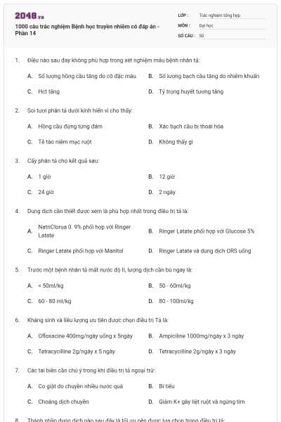 1000 câu trắc nghiệm Bệnh học truyền nhiễm có đáp án - Phần 14