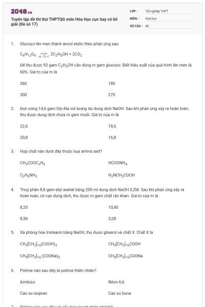 Tuyển tập đề thi thử THPTQG môn Hóa Học cực hay có lời giải (Đề số 17)