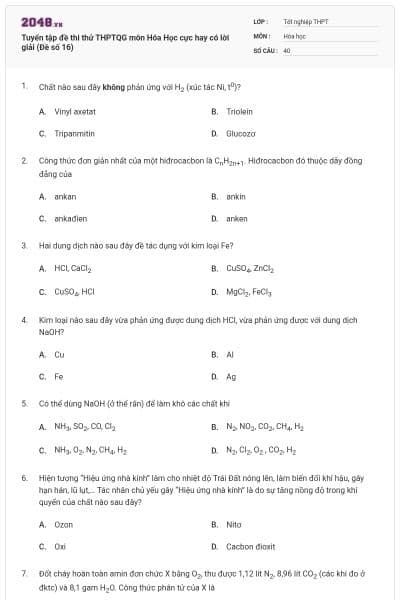 Tuyển tập đề thi thử THPTQG môn Hóa Học cực hay có lời giải (Đề số 16)