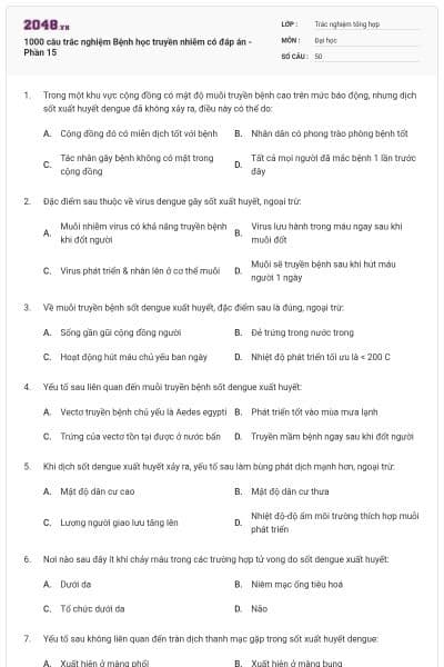 1000 câu trắc nghiệm Bệnh học truyền nhiễm có đáp án - Phần 15