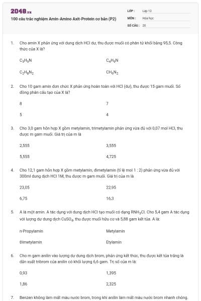 100 câu trắc nghiệm Amin-Amino Axit-Protein cơ bản (P2)