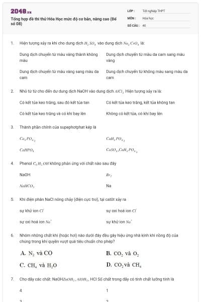 Tổng hợp đề thi thử Hóa Học mức độ cơ bản, nâng cao (Đế số 08)