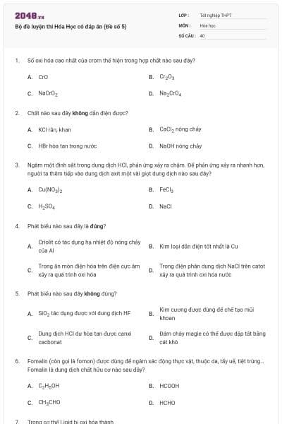 Bộ đề luyện thi Hóa Học có đáp án (Đề số 5)
