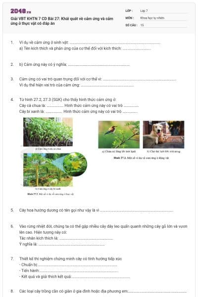 Giải VBT KHTN 7 CD Bài 27: Khái quát về cảm ứng và cảm ứng ở thực vật có đáp án