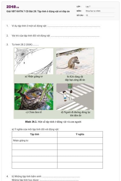 Giải VBT KHTN 7 CD Bài 28: Tập tính ở động vật có đáp án