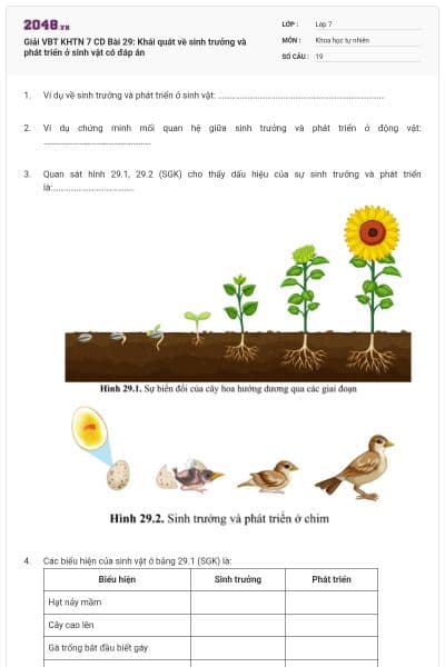 Giải VBT KHTN 7 CD Bài 29: Khái quát về sinh trưởng và phát triển ở sinh vật có đáp án