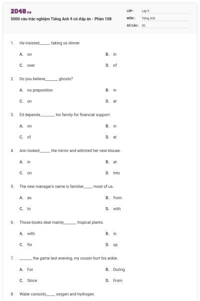 5000 câu trắc nghiệm Tiếng Anh 9 có đáp án - Phần 108