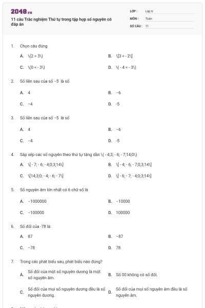 11 câu Trắc nghiệm Thứ tự trong tập hợp số nguyên có đáp án