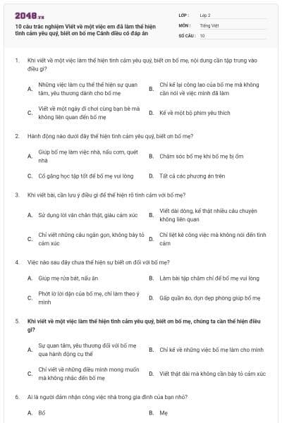 10 câu trắc nghiệm Viết về một việc em đã làm thể hiện tình cảm yêu quý, biết ơn bố mẹ Cánh diều có đáp án
