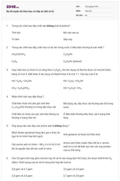 Bộ đề luyện thi Hóa Học có đáp án (Đề số 6)