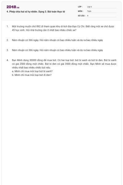 4. Phép chia hai số tự nhiên. Dạng 3. Bài toán thực tế