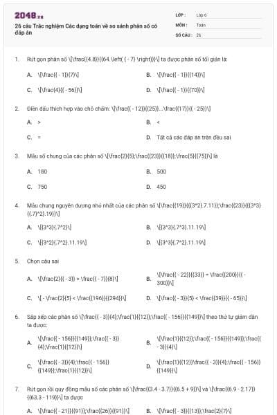 26 câu Trắc nghiệm Các dạng toán về so sánh phân số có đáp án
