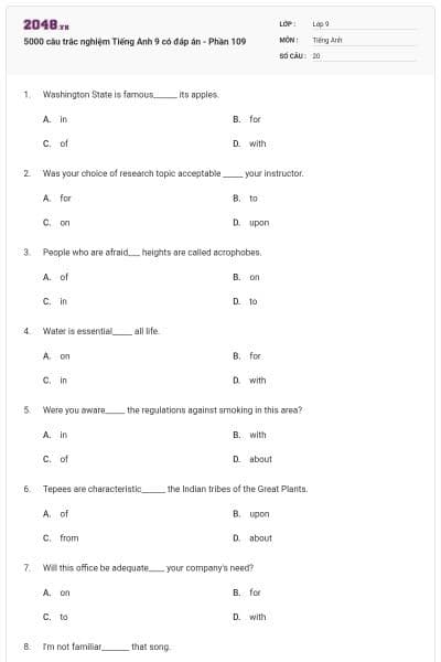 5000 câu trắc nghiệm Tiếng Anh 9 có đáp án - Phần 109