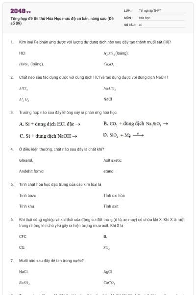 Tổng hợp đề thi thử Hóa Học mức độ cơ bản, nâng cao (Đề số 09)