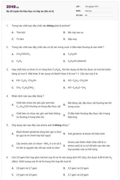 Bộ đề luyện thi Hóa Học có đáp án (Đề số 6)