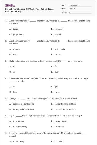 Đề minh họa tốt nghiệp THPT môn Tiếng Anh có đáp án năm 2025 (Đề 23)