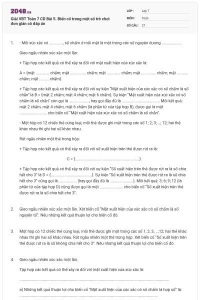 Giải VBT Toán 7 CD Bài 5. Biến cố trong một số trò chơi đơn giản có đáp án