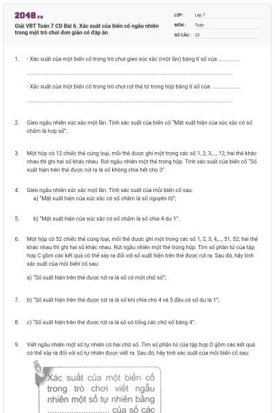 Giải VBT Toán 7 CD Bài 6. Xác suất của biến cố ngẫu nhiên trong một trò chơi đơn giản có đáp án