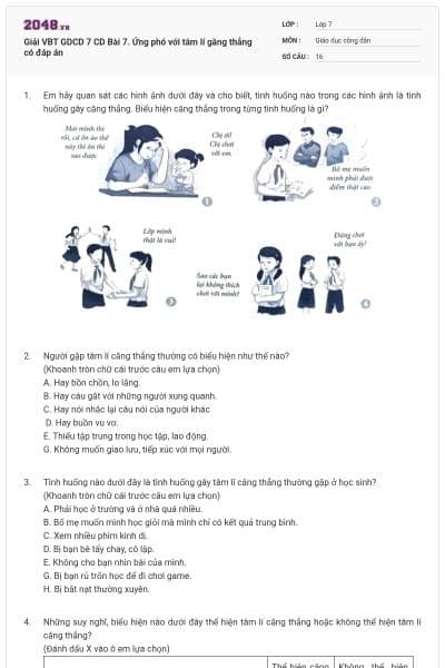 Giải VBT GDCD 7 CD Bài 7. Ứng phó với tâm lí găng thẳng có đáp án