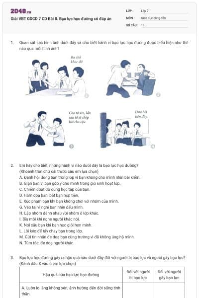Giải VBT GDCD 7 CD Bài 8. Bạo lực học đường có đáp án