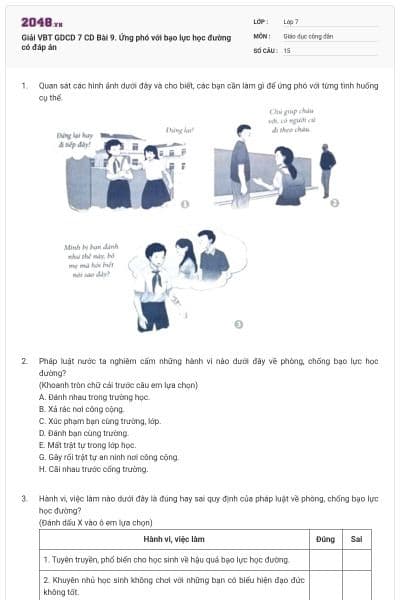 Giải VBT GDCD 7 CD Bài 9. Ứng phó với bạo lực học đường có đáp án