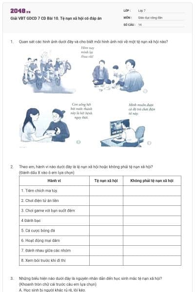 Giải VBT GDCD 7 CD Bài 10. Tệ nạn xã hội có đáp án