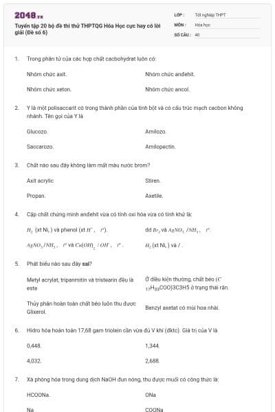 Tuyển tập 20 bộ đề thi thử THPTQG Hóa Học cực hay có lời giải (Đề số 6)