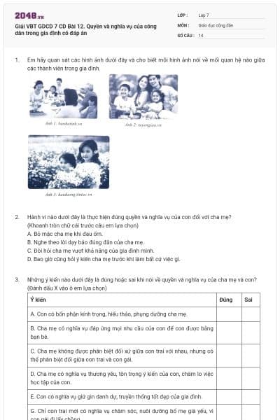 Giải VBT GDCD 7 CD   Bài 12. Quyền và nghĩa vụ của công dân trong gia đình có đáp án