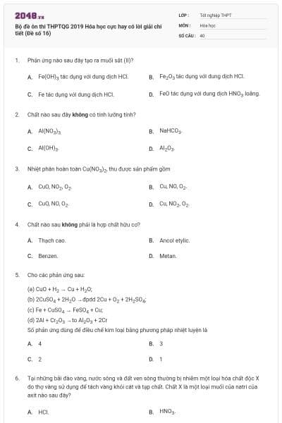 Bộ đề ôn thi THPTQG 2019 Hóa học cực hay có lời giải chi tiết (Đề số 16)