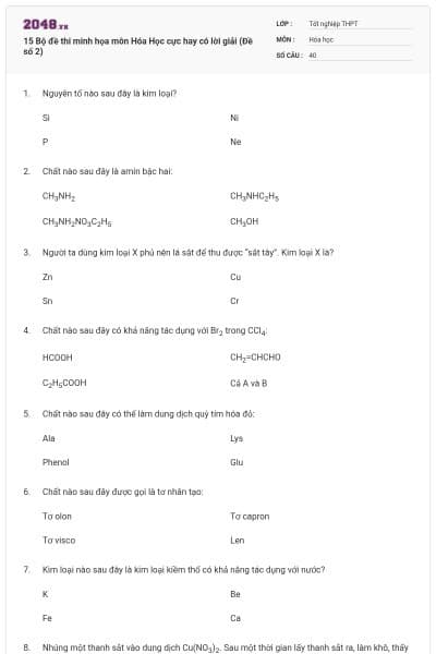 15 Bộ đề thi minh họa môn Hóa Học cực hay có lời giải (Đề số 2)