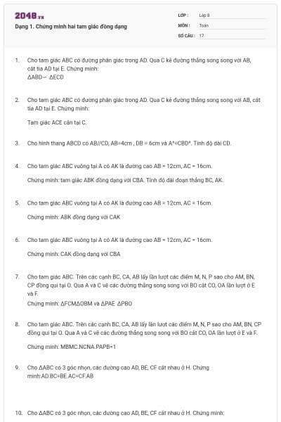 Dạng 1. Chứng minh hai tam giác đồng dạng