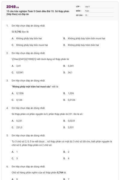15 câu trắc nghiệm Toán 5 Cánh diều Bài 15. Số thập phân (tiếp theo) có đáp án