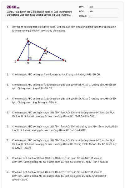 Dạng 3: Bài luyện tập 2 có đáp án dạng 1: Các Trường Hợp Đòng Dạng Của Tam Giác Vuông Suy Ra Từ Các Trường Hợp Đòng Dạng Của Tam Giác