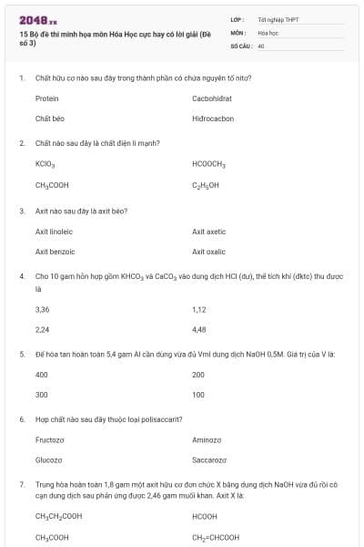 15 Bộ đề thi minh họa môn Hóa Học cực hay có lời giải (Đề số 3)