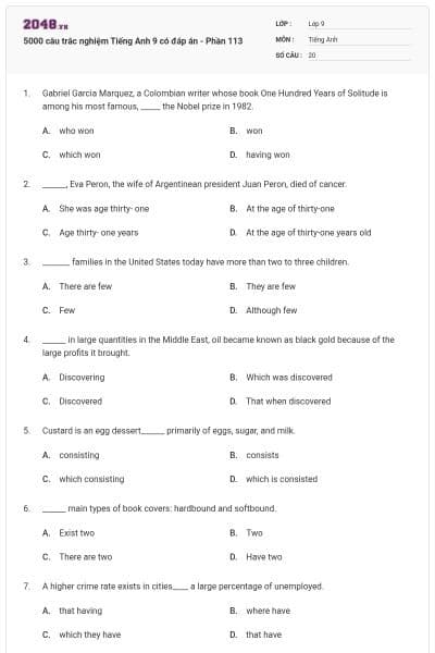 5000 câu trắc nghiệm Tiếng Anh 9 có đáp án - Phần 113